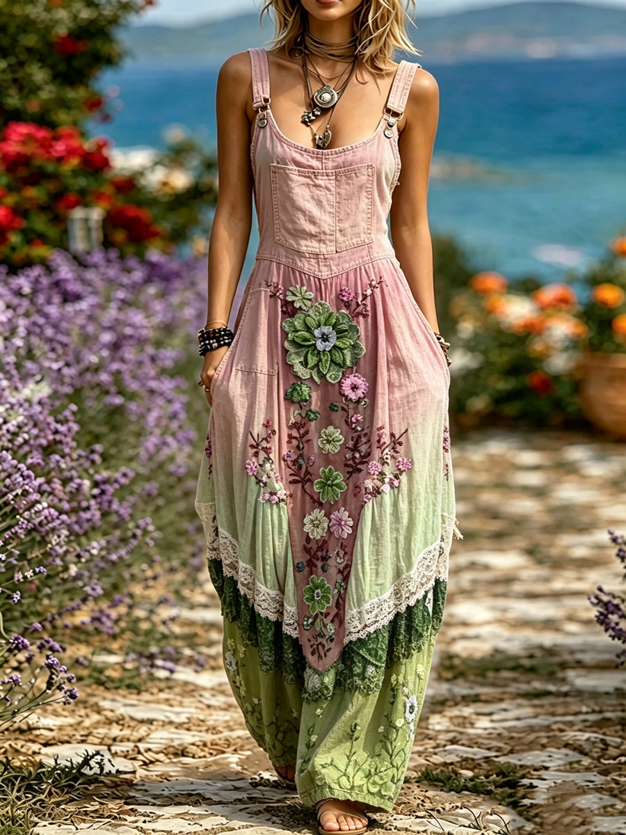 Women's Retro Style Art Print Washed Cotton Denim Patchwork Jumpsuit